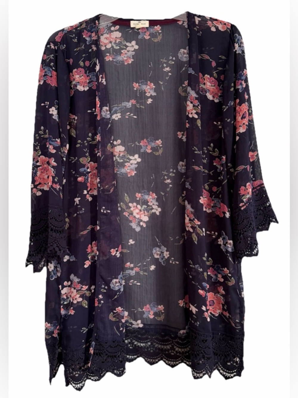 Mason & Belle Sheer Kimono Cardigan Tunic Open Gauzy Crochet Trim Medium Top